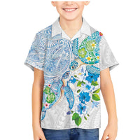 Hawaiian Couple Turtles Honi Family Matching Mermaid Dress and Hawaiian Shirt Polynesian Art Motifs and Hibiscus White Blue Color LT03 Son's Shirt White - Polynesian Pride