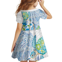 Hawaiian Couple Turtles Honi Family Matching Off The Shoulder Long Sleeve Dress and Hawaiian Shirt Polynesian Art Motifs and Hibiscus White Blue Color LT03 - Polynesian Pride