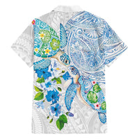 Hawaiian Couple Turtles Honi Family Matching Off The Shoulder Long Sleeve Dress and Hawaiian Shirt Polynesian Art Motifs and Hibiscus White Blue Color LT03 - Polynesian Pride