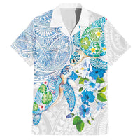 Hawaiian Couple Turtles Honi Family Matching Off Shoulder Maxi Dress and Hawaiian Shirt Polynesian Art Motifs and Hibiscus White Blue Color LT03 Dad's Shirt - Short Sleeve White - Polynesian Pride