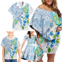 Hawaiian Couple Turtles Honi Family Matching Off Shoulder Short Dress and Hawaiian Shirt Polynesian Art Motifs and Hibiscus White Blue Color LT03 - Polynesian Pride
