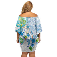 Hawaiian Couple Turtles Honi Family Matching Off Shoulder Short Dress and Hawaiian Shirt Polynesian Art Motifs and Hibiscus White Blue Color LT03 - Polynesian Pride