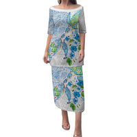 Hawaiian Couple Turtles Honi Family Matching Puletasi and Hawaiian Shirt Polynesian Art Motifs and Hibiscus White Blue Color LT03 Mom's Dress White - Polynesian Pride