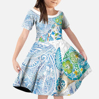 Hawaiian Couple Turtles Honi Family Matching Short Sleeve Bodycon Dress and Hawaiian Shirt Polynesian Art Motifs and Hibiscus White Blue Color LT03 Daughter's Dress White - Polynesian Pride