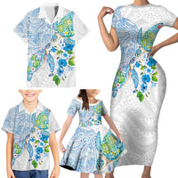 Hawaiian Couple Turtles Honi Family Matching Short Sleeve Bodycon Dress and Hawaiian Shirt Polynesian Art Motifs and Hibiscus White Blue Color LT03 - Polynesian Pride