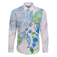 Hawaiian Couple Turtles Honi Family Matching Short Sleeve Bodycon Dress and Hawaiian Shirt Polynesian Art Motifs and Hibiscus White Blue Color LT03 Dad's Shirt - Long Sleeve White - Polynesian Pride
