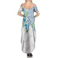Hawaiian Couple Turtles Honi Family Matching Summer Maxi Dress and Hawaiian Shirt Polynesian Art Motifs and Hibiscus White Blue Color LT03 - Polynesian Pride