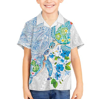 Hawaiian Couple Turtles Honi Family Matching Summer Maxi Dress and Hawaiian Shirt Polynesian Art Motifs and Hibiscus White Blue Color LT03 Son's Shirt White - Polynesian Pride
