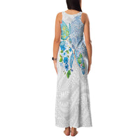 Hawaiian Couple Turtles Honi Family Matching Tank Maxi Dress and Hawaiian Shirt Polynesian Art Motifs and Hibiscus White Blue Color - Polynesian Pride