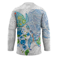 Hawaiian Couple Turtles Honi Hockey Jersey Polynesian Art Motifs and Hibiscus White Blue Color - Polynesian Pride