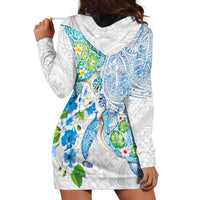 Hawaiian Couple Turtles Honi Hoodie Dress Polynesian Art Motifs and Hibiscus White Blue Color - Polynesian Pride