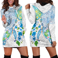 Hawaiian Couple Turtles Honi Hoodie Dress Polynesian Art Motifs and Hibiscus White Blue Color - Polynesian Pride