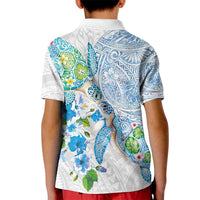 Hawaiian Couple Turtles Honi Kid Polo Shirt Polynesian Art Motifs and Hibiscus White Blue Color - Polynesian Pride