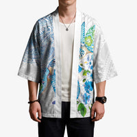 Hawaiian Couple Turtles Honi Kimono Polynesian Art Motifs and Hibiscus White Blue Color - Polynesian Pride
