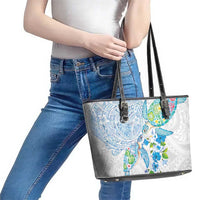 Hawaiian Couple Turtles Honi Leather Tote Bag Polynesian Art Motifs and Hibiscus White Blue Color - Polynesian Pride