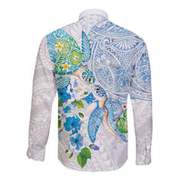 Hawaiian Couple Turtles Honi Long Sleeve Button Shirt Polynesian Art Motifs and Hibiscus White Blue Color - Polynesian Pride