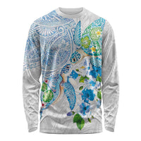 Hawaiian Couple Turtles Honi Long Sleeve Shirt Polynesian Art Motifs and Hibiscus White Blue Color - Polynesian Pride