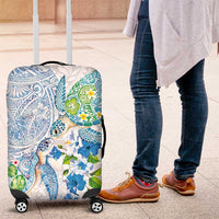 Hawaiian Couple Turtles Honi Luggage Cover Polynesian Art Motifs and Hibiscus White Blue Color - Polynesian Pride