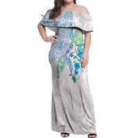 Hawaiian Couple Turtles Honi Off Shoulder Maxi Dress Polynesian Art Motifs and Hibiscus White Blue Color - Polynesian Pride