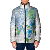 Hawaiian Couple Turtles Honi Padded Jacket Polynesian Art Motifs and Hibiscus White Blue Color - Polynesian Pride