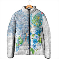 Hawaiian Couple Turtles Honi Padded Jacket Polynesian Art Motifs and Hibiscus White Blue Color - Polynesian Pride