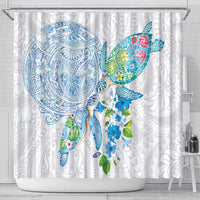 Hawaiian Couple Turtles Honi Shower Curtain Polynesian Art Motifs and Hibiscus White Blue Color - Polynesian Pride
