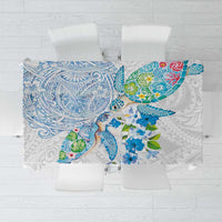 Hawaiian Couple Turtles Honi Tablecloth Polynesian Art Motifs and Hibiscus White Blue Color - Polynesian Pride