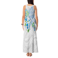 Hawaiian Couple Turtles Honi Tank Maxi Dress Polynesian Art Motifs and Hibiscus White Blue Color - Polynesian Pride