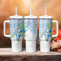 Hawaiian Couple Turtles Honi Tumbler With Handle Polynesian Art Motifs and Hibiscus White Blue Color - Polynesian Pride