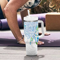 Hawaiian Couple Turtles Honi Tumbler With Handle Polynesian Art Motifs and Hibiscus White Blue Color - Polynesian Pride