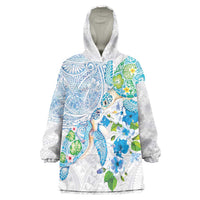 Hawaiian Couple Turtles Honi Wearable Blanket Hoodie Polynesian Art Motifs and Hibiscus White Blue Color - Polynesian Pride