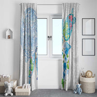 Hawaiian Couple Turtles Honi Window Curtain Polynesian Art Motifs and Hibiscus White Blue Color - Polynesian Pride