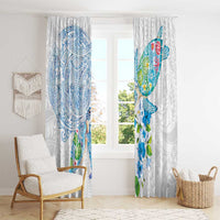 Hawaiian Couple Turtles Honi Window Curtain Polynesian Art Motifs and Hibiscus White Blue Color - Polynesian Pride