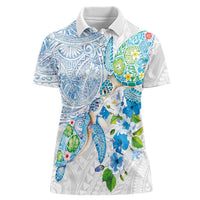 Hawaiian Couple Turtles Honi Women Polo Shirt Polynesian Art Motifs and Hibiscus White Blue Color LT03 Female White - Polynesian Pride
