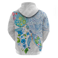 Hawaiian Couple Turtles Honi Zip Hoodie Polynesian Art Motifs and Hibiscus White Blue Color - Polynesian Pride
