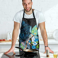 Hawaiian Couple Turtles Honi Apron Polynesian Art Motifs and Hibiscus Black Blue Color - Polynesian Pride