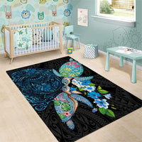 Hawaiian Couple Turtles Honi Area Rug Polynesian Art Motifs and Hibiscus Black Blue Color - Polynesian Pride