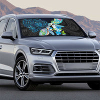 Hawaiian Couple Turtles Honi Auto Sun Shade Polynesian Art Motifs and Hibiscus Black Blue Color - Polynesian Pride