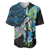Hawaiian Couple Turtles Honi Baseball Jersey Polynesian Art Motifs and Hibiscus Black Blue Color LT03 Black - Polynesian Pride