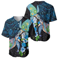 Hawaiian Couple Turtles Honi Baseball Jersey Polynesian Art Motifs and Hibiscus Black Blue Color - Polynesian Pride