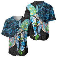 Hawaiian Couple Turtles Honi Baseball Jersey Polynesian Art Motifs and Hibiscus Black Blue Color LT03 - Polynesian Pride