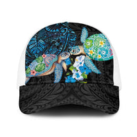 Hawaiian Couple Turtles Honi Baseball Net Cap Polynesian Art Motifs and Hibiscus Black Blue Color - Polynesian Pride