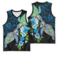 Hawaiian Couple Turtles Honi Basketball Jersey Polynesian Art Motifs and Hibiscus Black Blue Color - Polynesian Pride