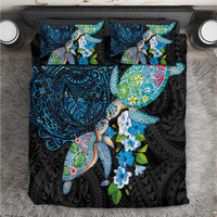 Hawaiian Couple Turtles Honi Bedding Set Polynesian Art Motifs and Hibiscus Black Blue Color - Polynesian Pride