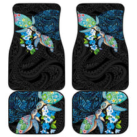 Hawaiian Couple Turtles Honi Car Mats Polynesian Art Motifs and Hibiscus Black Blue Color - Polynesian Pride