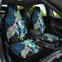 Hawaiian Couple Turtles Honi Car Seat Cover Polynesian Art Motifs and Hibiscus Black Blue Color - Polynesian Pride