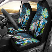 Hawaiian Couple Turtles Honi Car Seat Cover Polynesian Art Motifs and Hibiscus Black Blue Color - Polynesian Pride