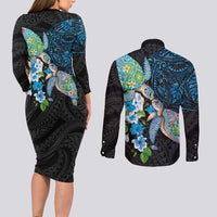 Hawaiian Couple Turtles Honi Couples Matching Long Sleeve Bodycon Dress and Long Sleeve Button Shirt Polynesian Art Motifs and Hibiscus Black Blue Color - Polynesian Pride