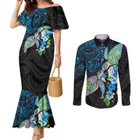 Hawaiian Couple Turtles Honi Couples Matching Mermaid Dress and Long Sleeve Button Shirt Polynesian Art Motifs and Hibiscus Black Blue Color - Polynesian Pride