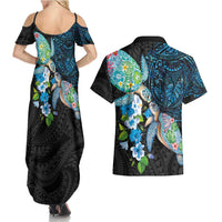 Hawaiian Couple Turtles Honi Couples Matching Summer Maxi Dress and Hawaiian Shirt Polynesian Art Motifs and Hibiscus Black Blue Color - Polynesian Pride